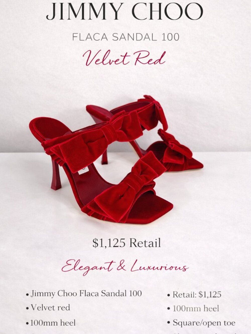 Jimmy Choo Flaca 100 Red Velvet Bow Heel Sandals Womens EU 37 38 39 US 7 8 9
